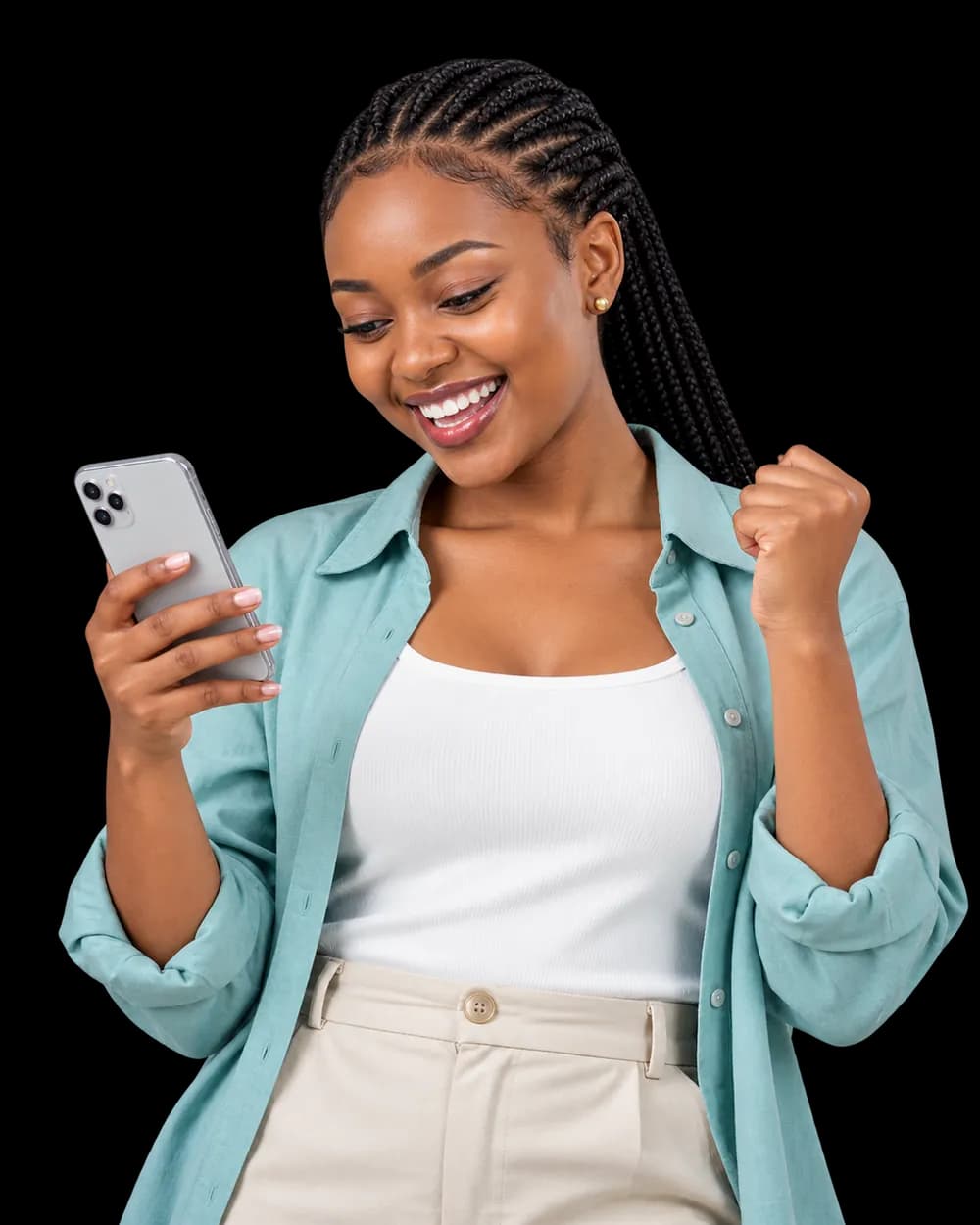 Smiling woman celebrating a paid bill on her phone