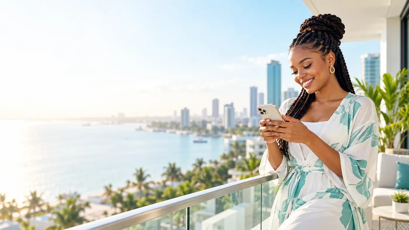 Woman buying a LUKU token on her phone at home