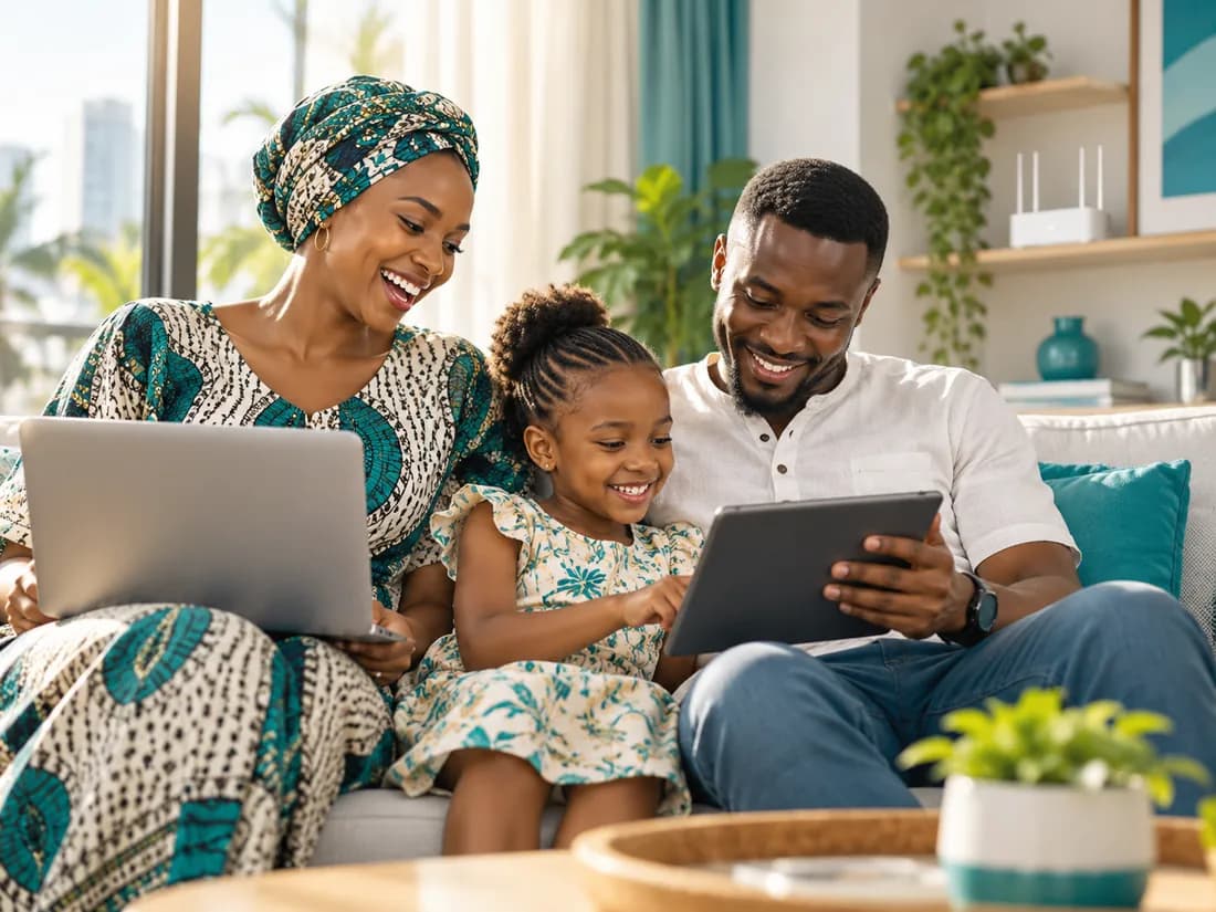 Happy family at home on fast fiber